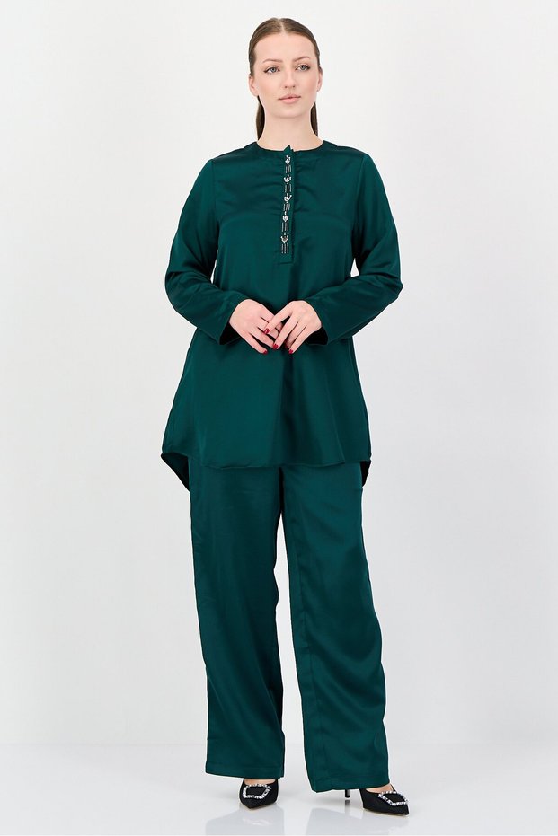 Women 2 Piece Metallic Long Sleeve Shirt And Pants Set, Green