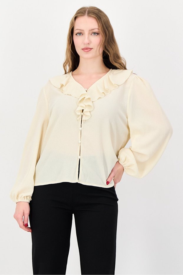 Women V-Neck Long Sleeve Textured Blouse, Cream