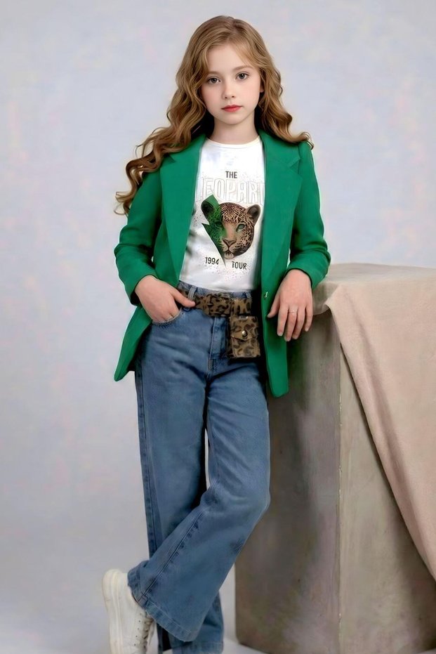 Girl's Leopard Detailed T-Shirt and Slit Wide Leg Denim Pants with Green Blazer Jacket