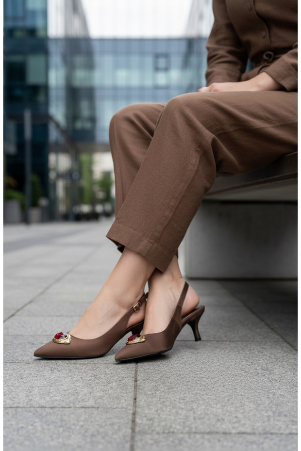 Women's Brown Satin Medium Heel Stiletto Buckled New Season Hk1095