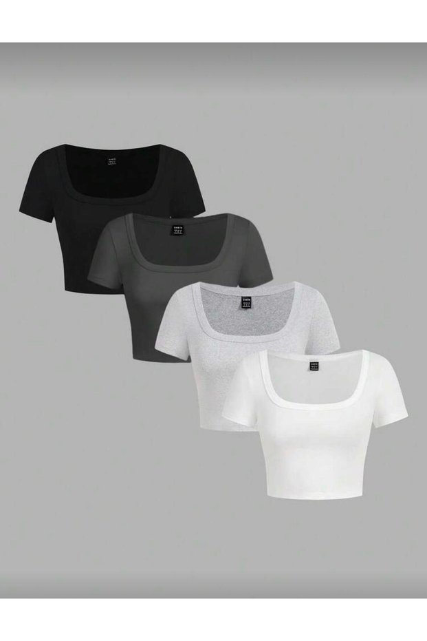 Women's 4-Pack Corded Fabric Ribbed Knit Cotton Pack Body-Hugging Square Collar Cropped T-Shirt