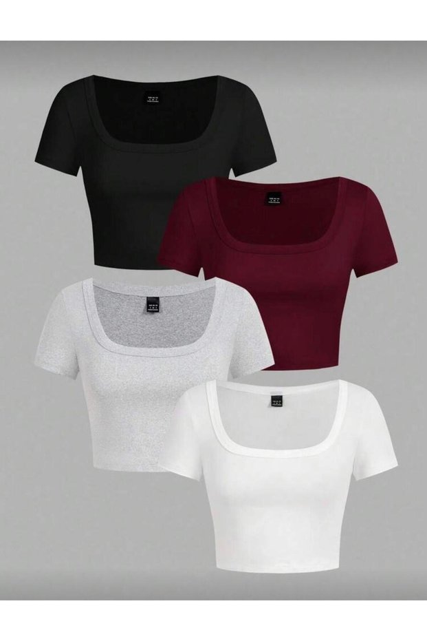 Women's 4-Pack Corded Fabric Ribbed Knit Cotton Pack Body-Hugging Square Collar Cropped T-Shirt