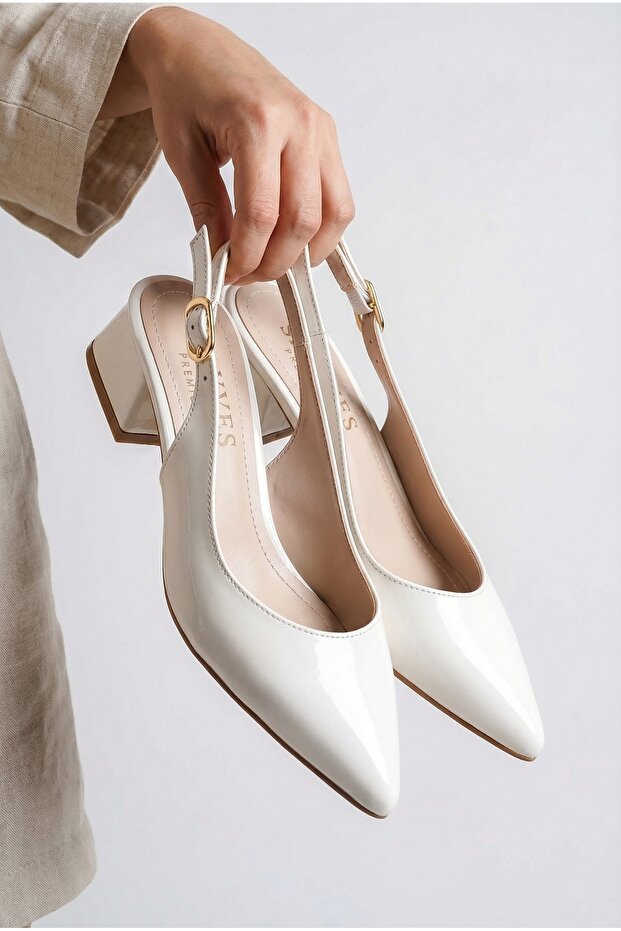 Women's White Patent Leather Strappy New Season Short Heeled Shoes