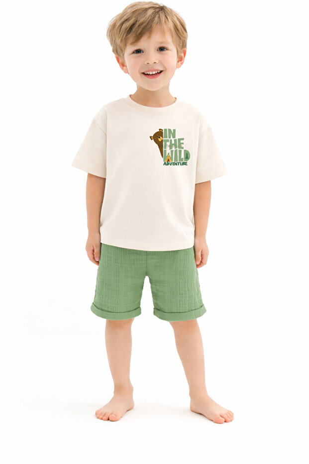 Boy's Minimal Bear Adventure Printed Shorts Set 100% Cotton Green