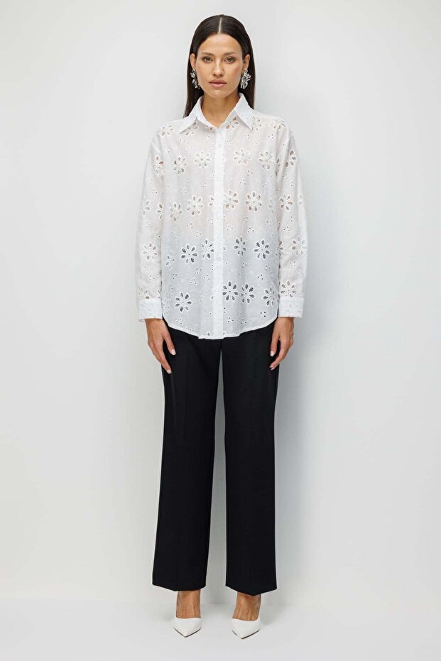 Çiçek İşlemeli Pamuklu Gömlek - 5