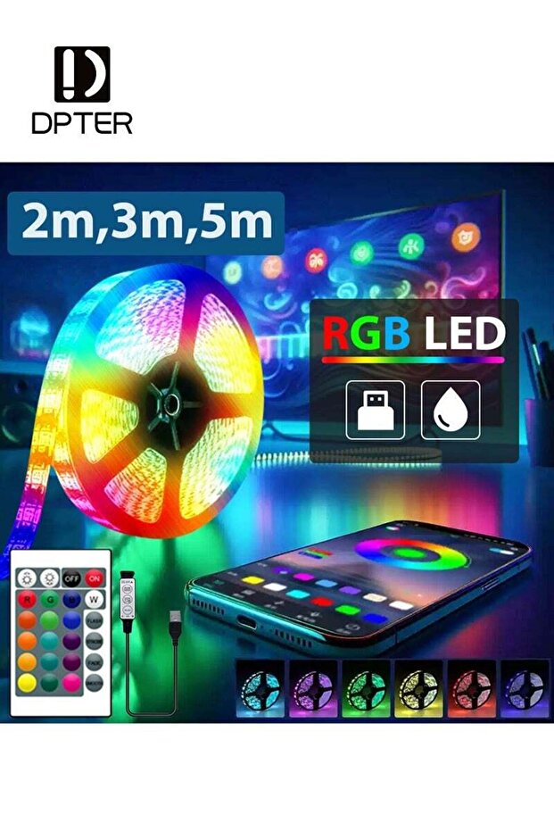 شريط إضاءة LED بطول 2 متر يعمل بمنفذ USB، شريط إضاءة RGB ذكي مقاوم للماء بتقنية بلوتوث مع جهاز تحكم عن بعد ومؤقت