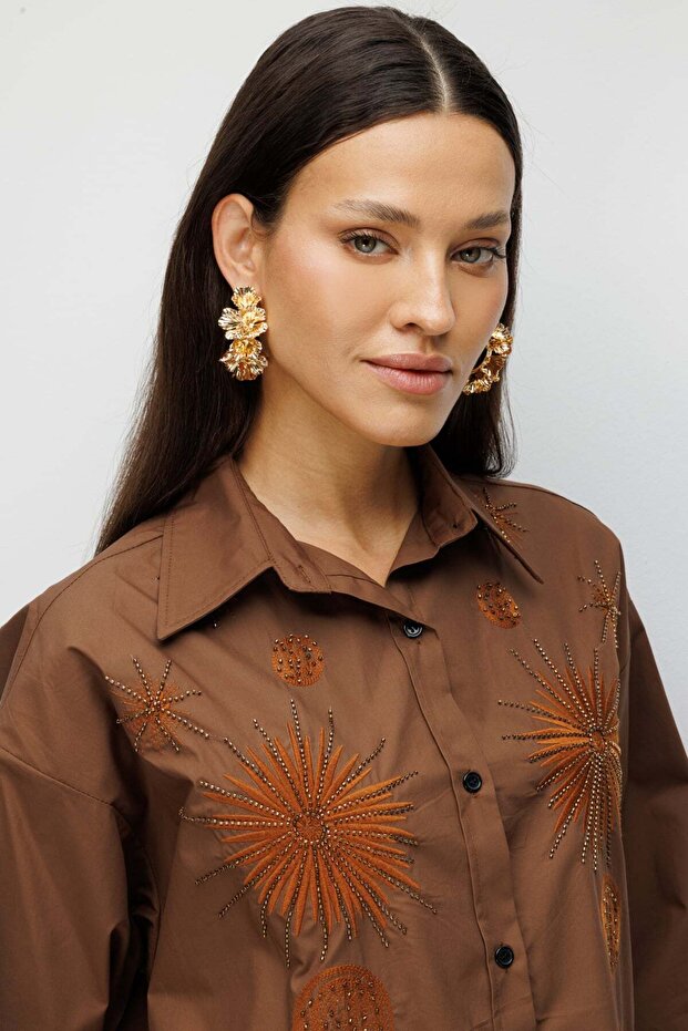 İşlemeli Oversize Pamuk Gömlek - 3