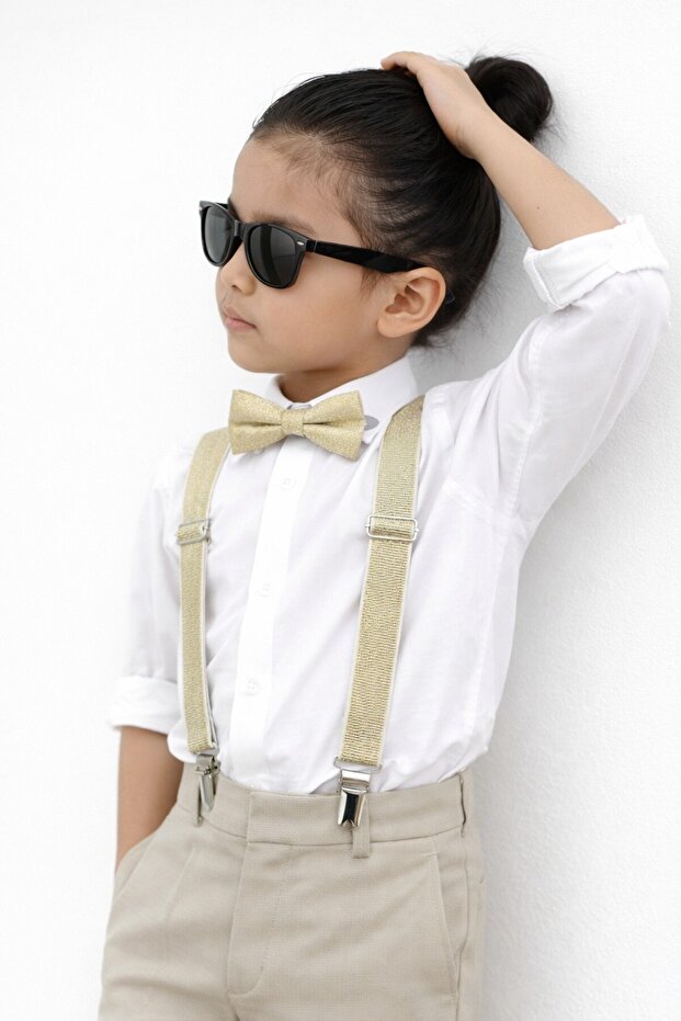 Children's Trouser Hanger Bow Tie Set+Gold Glittery Design 1-12 Years Unisex Use