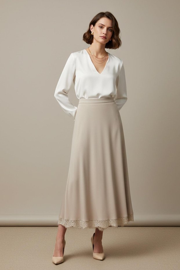 Women's Skirt with Lace Layered Flares and Long Hem – 18288Etk