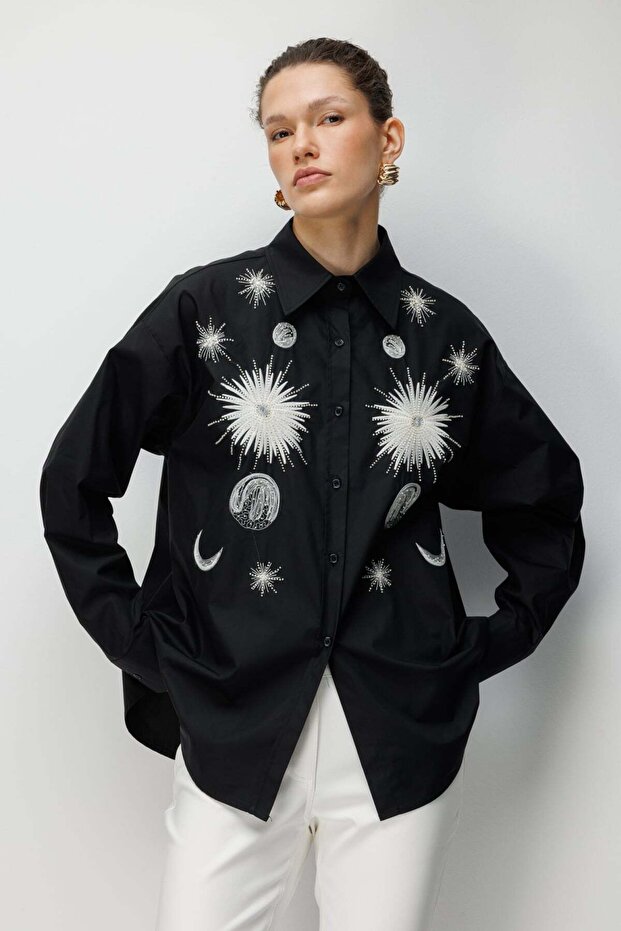 İşlemeli Oversize Pamuk Gömlek - 1