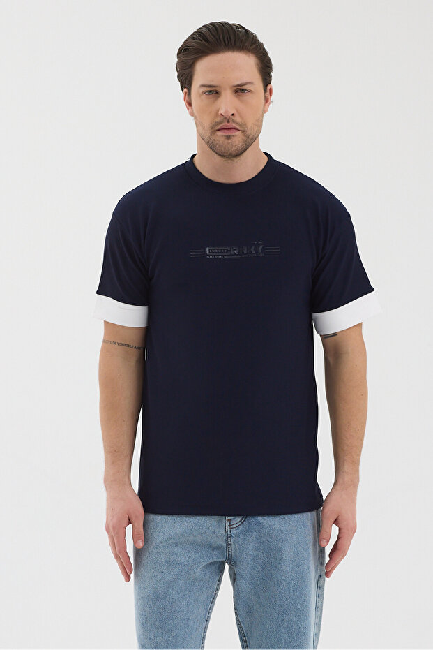 Men's navy blue Jacquard fabric white thick stripe Sleeve Detail Printed Slim Fit t-shirt
