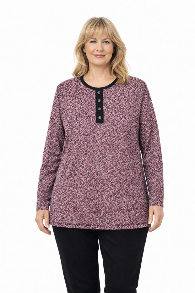 Women's Floral Print Round Neck Relaxed Fit Combed Cotton Blouse for Middle Age and Above Mothers 8600