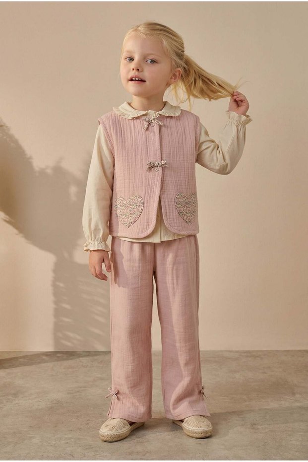 Girl's Cotton Piece Powder Vest Set Shirt and Pants Set