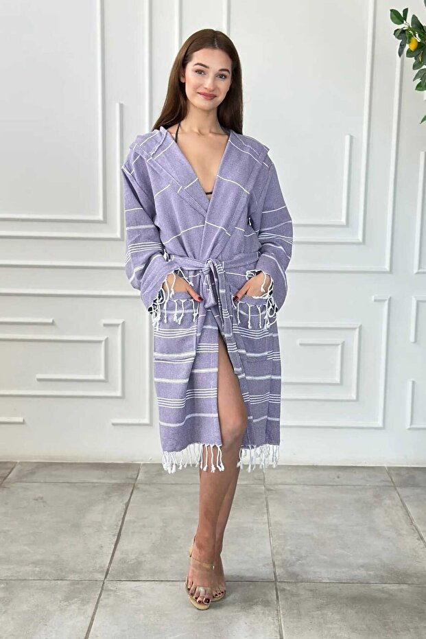 Bohemian Style Hooded Pestemal Bathrobe - Soft-Textured Drying Towels - Striped Bathrobes - Unisex