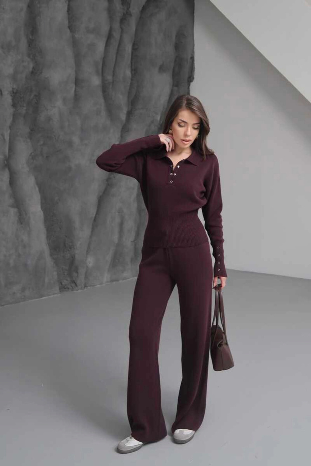 Women's Bitter Brown Snap Detailed Polo Collar Blouse Wide Leg Pants Bottom Top Two-Piece Knitwear Set