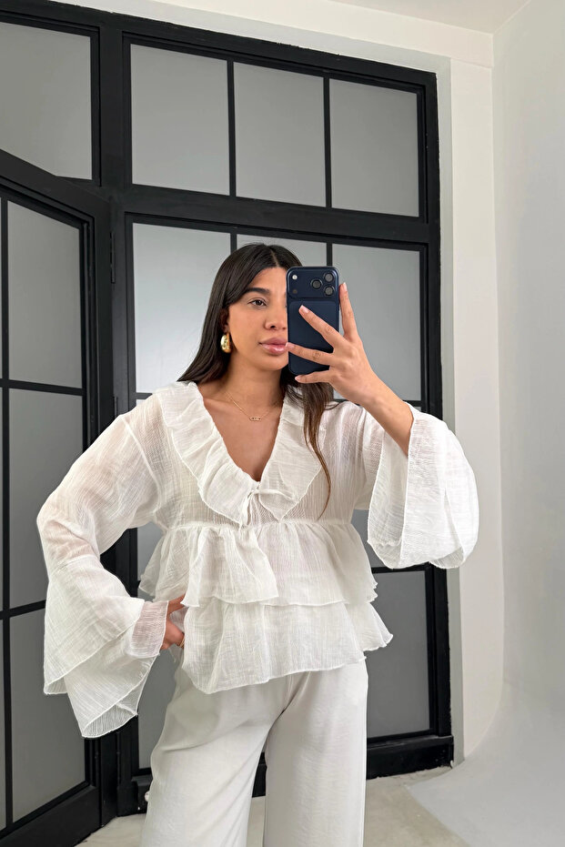 Women's White Ruffle Detail Sheer Blouse