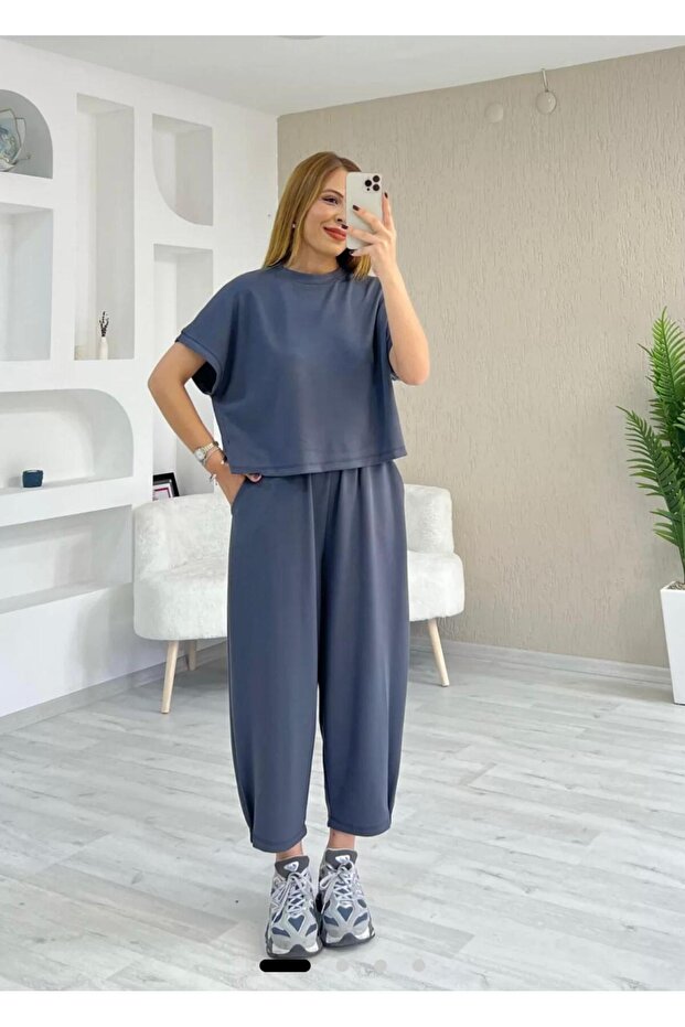 Trendingsize modal dokulu kısa kol şalvar takım