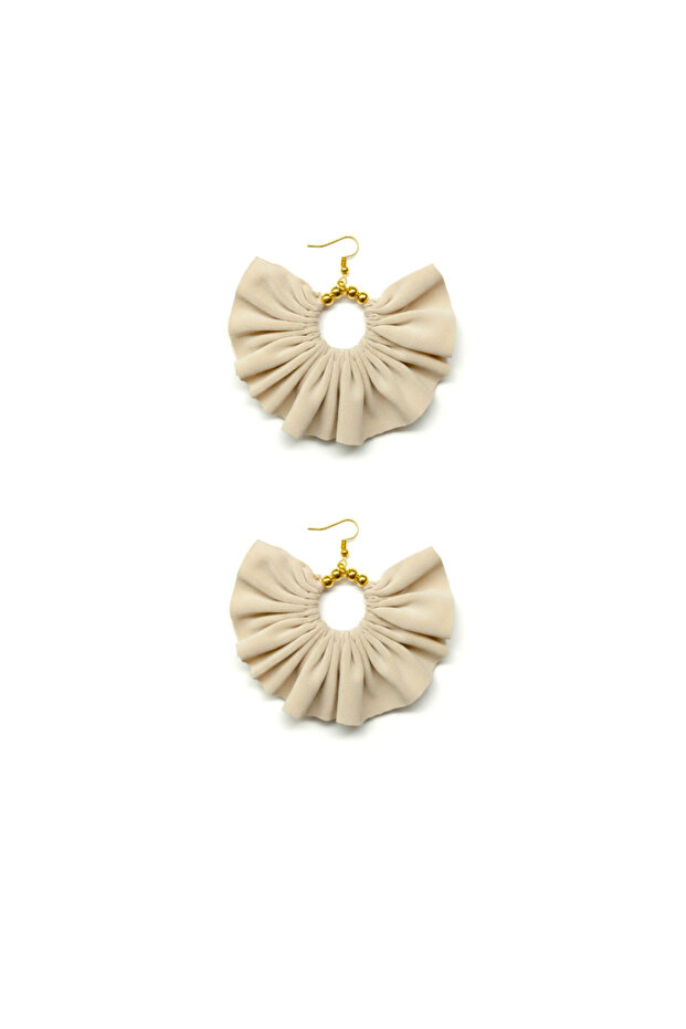Gold Color Hoop Earrings – Beige Fabric Beaded Design