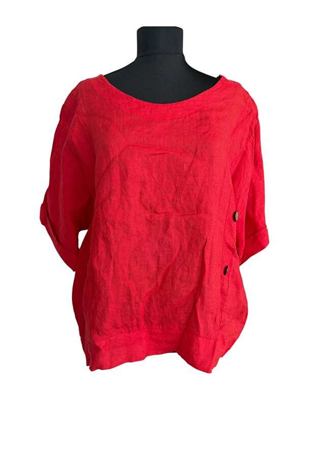 100% Linen Button Detail Bluz