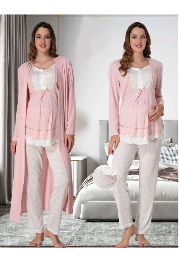 Dvina Maternity Long Sleeve Pajama Set with Dressing Gown - Pink
