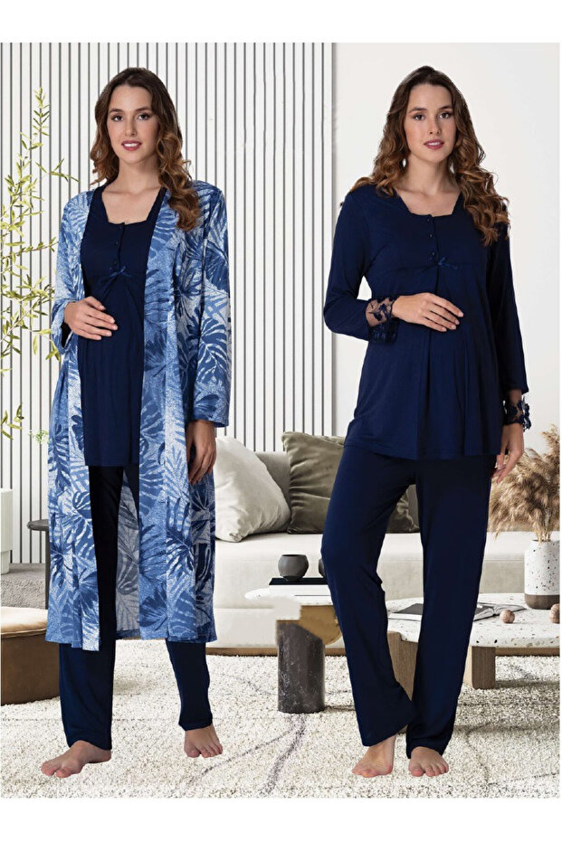 Dvina Maternity Long Sleeve Pajama Set with Dressing Gown Patterned - Navy Blue