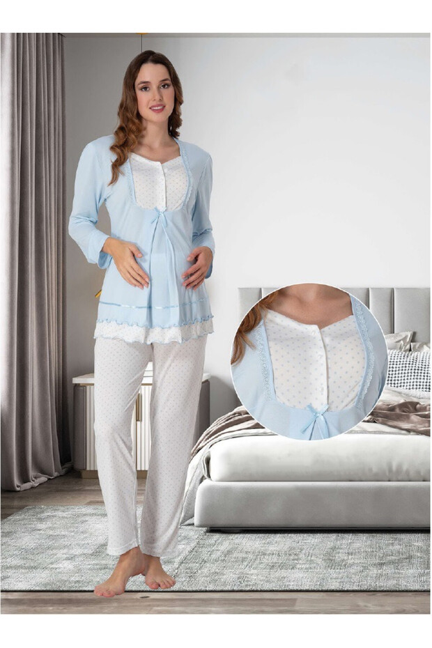 Dvina Maternity Long Sleeve Pajama Set of Polka Dot - Blue