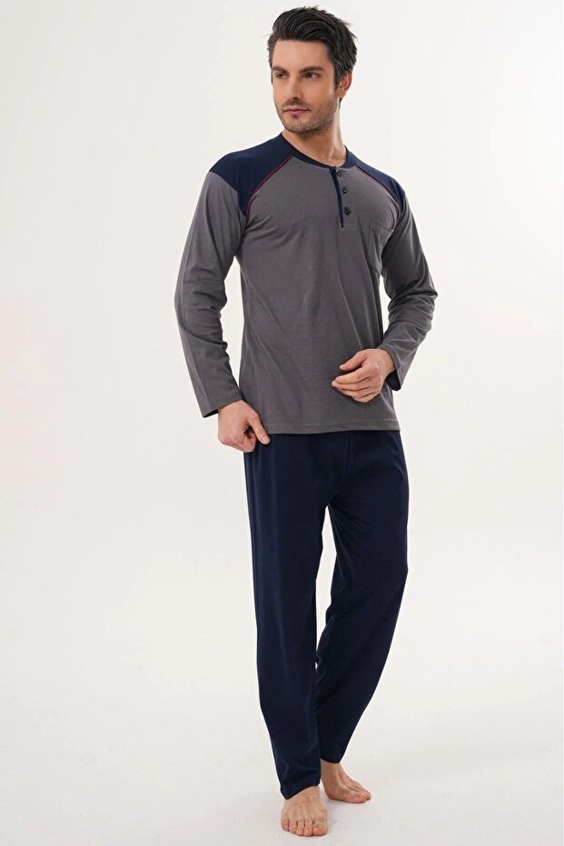 100% Cotton Piece Long Sleeve Button Collar Men's Pajama Set