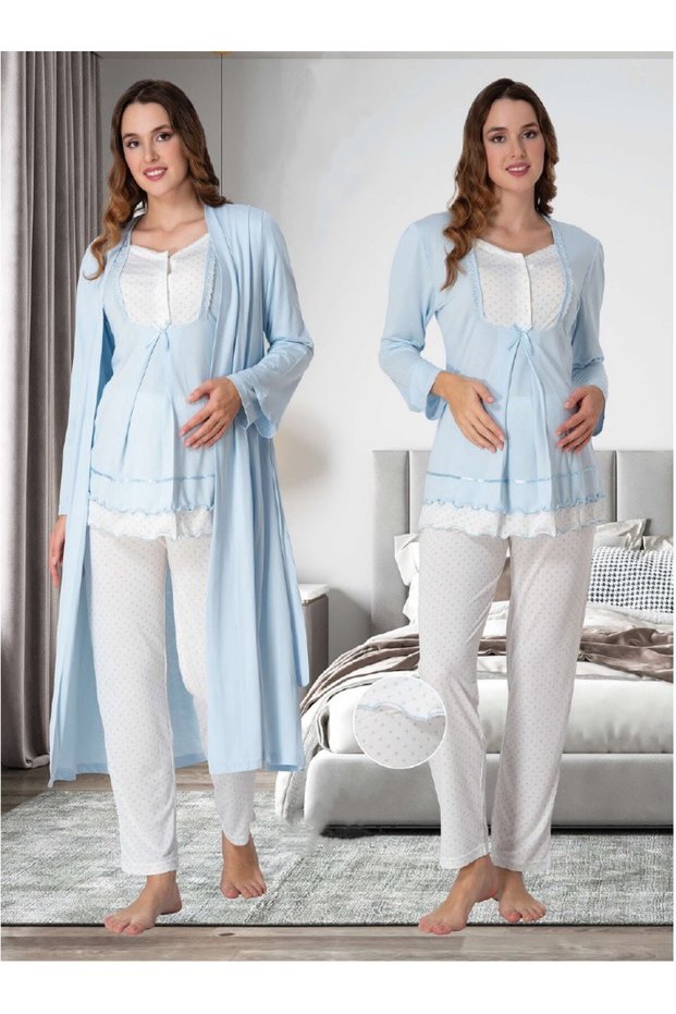 Dvina Maternity Long Sleeve Pajama Set with Dressing Gown - Blue