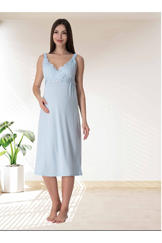 Dvina Maternity Nightgown with Straps - Blue