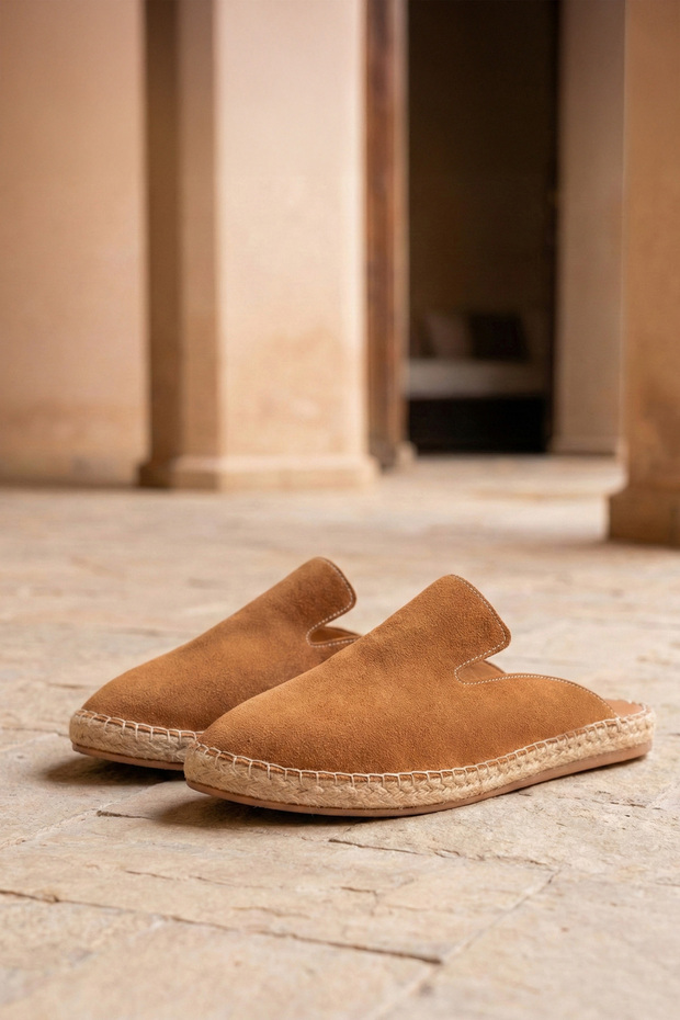 Men's Terra Handmade Tan Faux Leather Powder Espadrilles Slipper