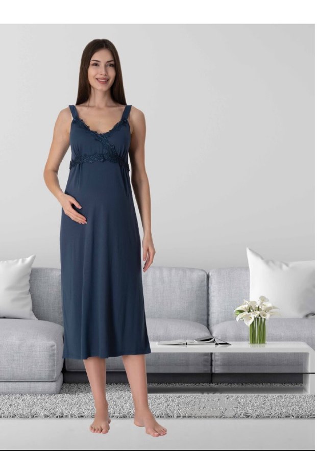 Dvina Maternity Nightgown with Straps - Navy Blue