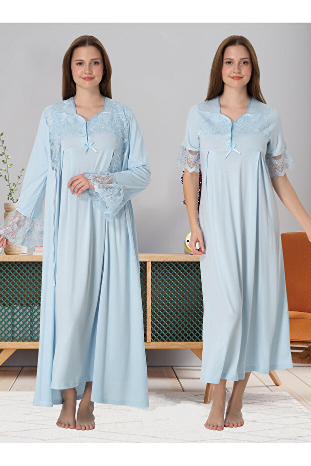 Dvina Maternity Lace Detailed Dressing Gown and Nightgown Set - Set of 2 - Blue