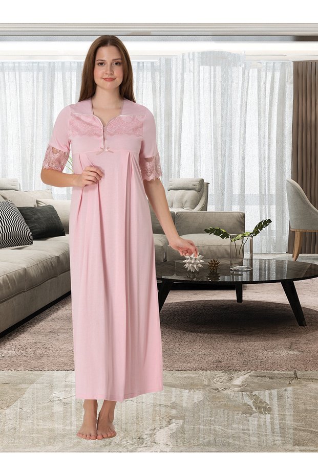 Dvina Maternity Pregnant Lace Detailed Nightgown - Pink