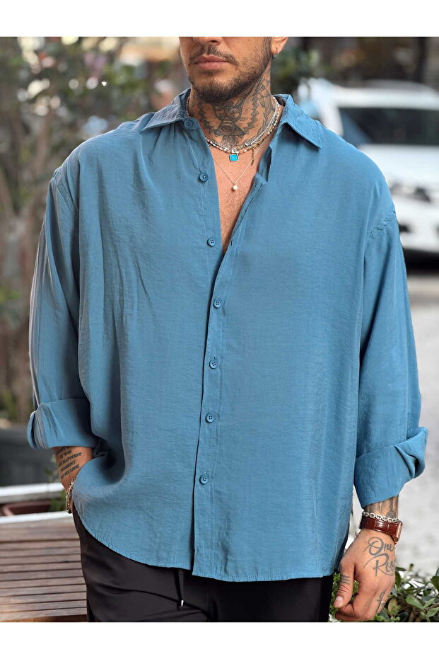 Oversize Basic Modal Gömlek Mavi - 3