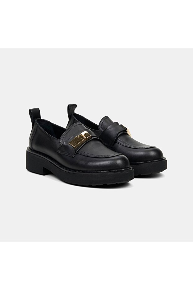 Women's Black Metal Buckle Pack Thick Soled Shoes Leather Loafers