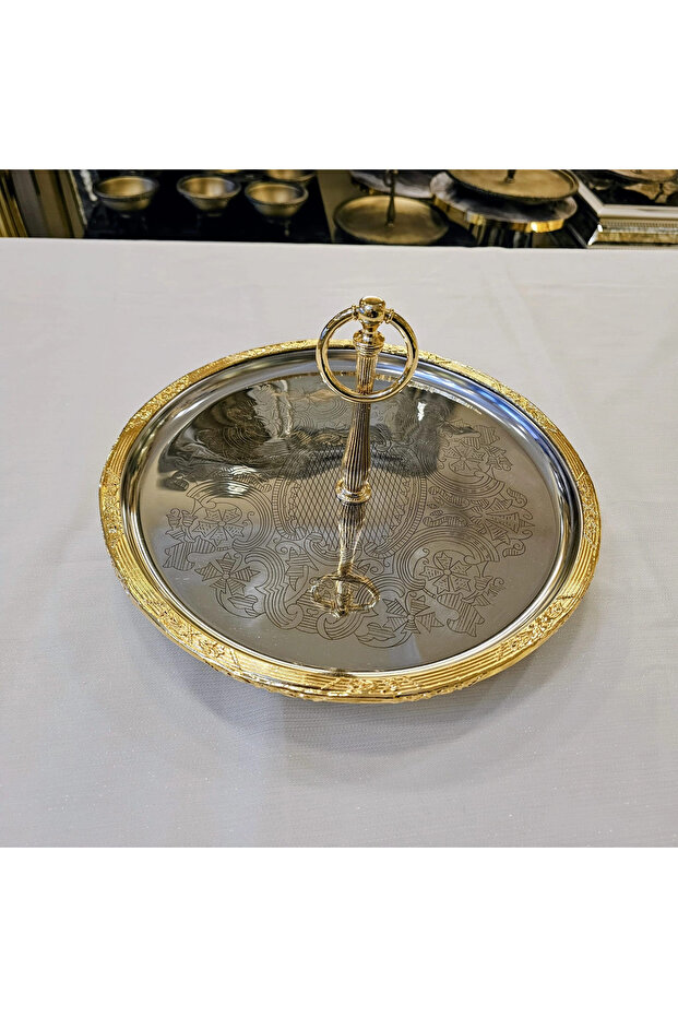 30 cm Cast Stand-Alone Stainless Steel Presentation Plate with Handle and Gold Detail