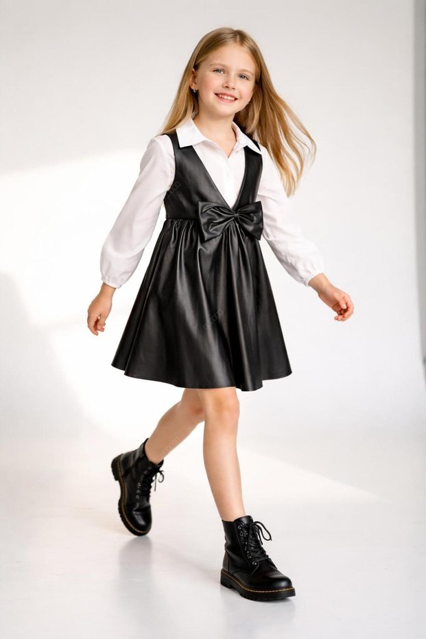 Girl's Festive Dress Set Leather Special Occasion Combination with Dress and Shirt for Ages 4-5-6-7-8