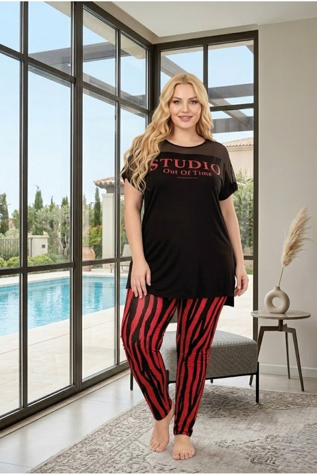 New Season Women's Summer Black Red Zebra Patterned Stylish Short Sleeve Plus Size (Oversize) Home Wear Set