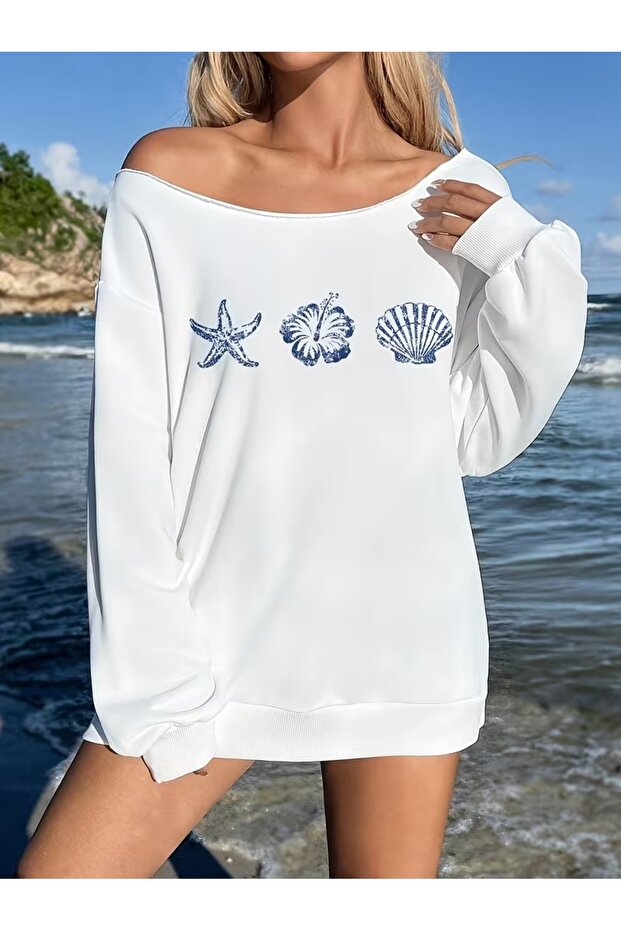 سويت شيرت نسائي من Sea Star مطبوع ذو ياقة قاربية كبير الحجم