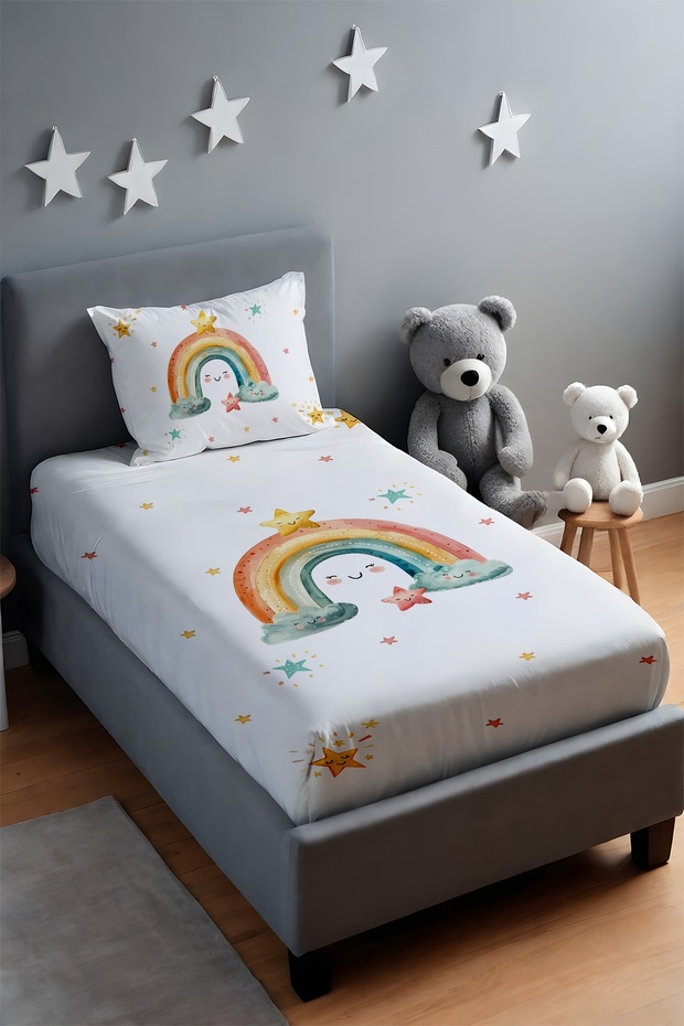 قوس قزح مبتسم منقوش غطاء سرير وغطاء وسادة - 2