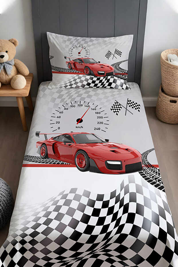 Red Race Car Patterned Bedspread and Pillowcase