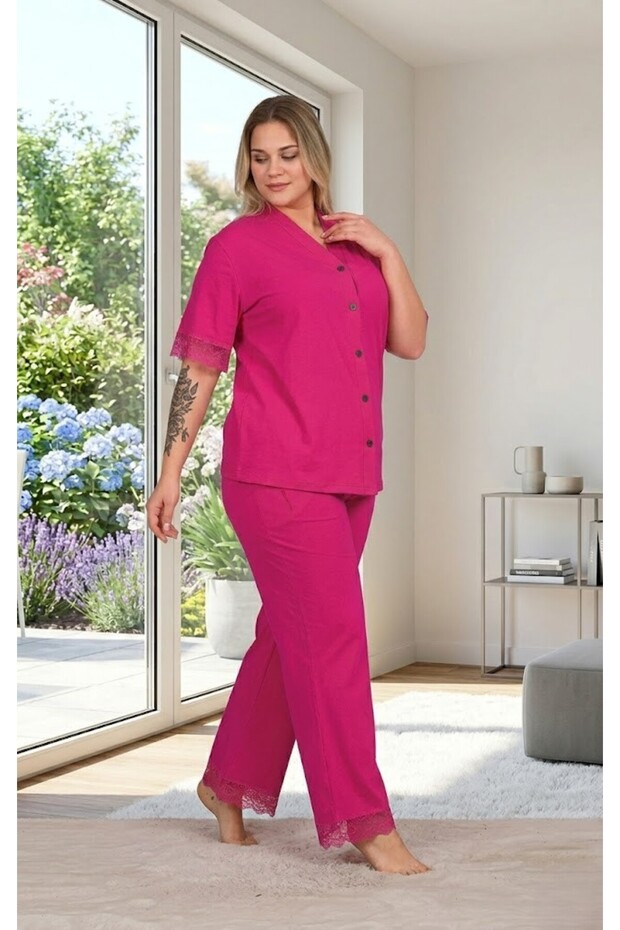 New Season Women's Pink Full Button Design Short Sleeve Summer Plus Size (Oversize) Pajama Set