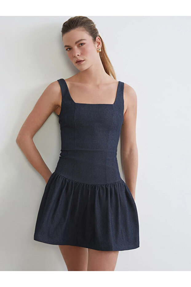 Lcw Comfort Indigo Square Neck Pleated Mini Jean Dress