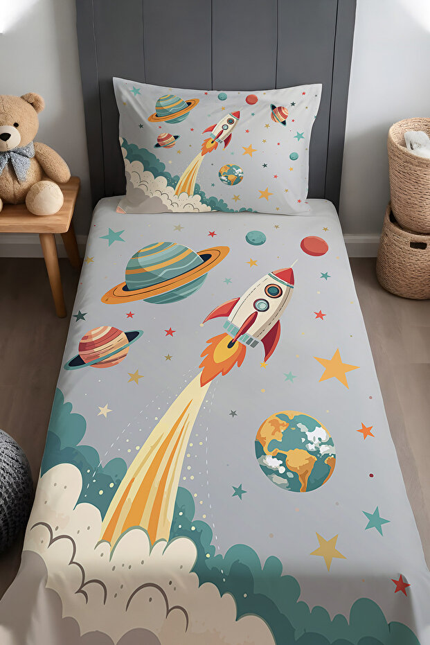 Gray Space Travel Patterned Bedspread and Pillowcase