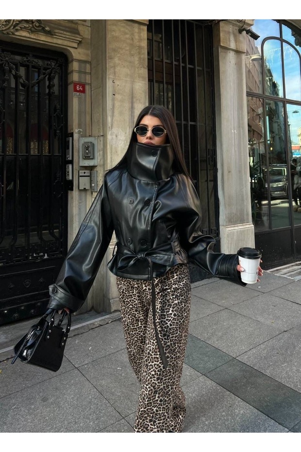 جلد سترة بـ ياقة مرتفعة متوسطة الطول أزرار - 2