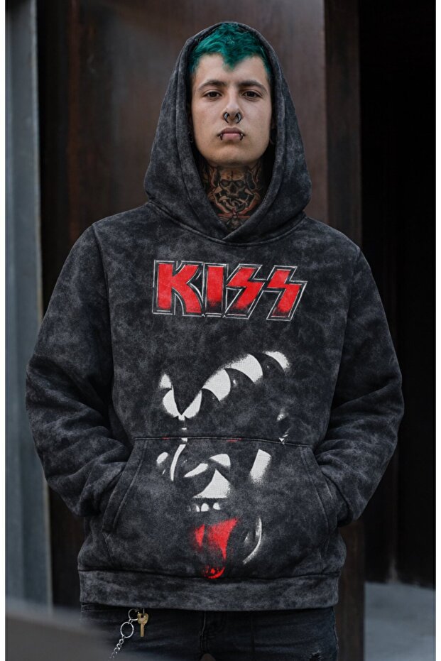 Unisex Kiss Mega Printed Hooded Washable Sweatshirt, Oversized Rock Band Themed Retro Hoodie