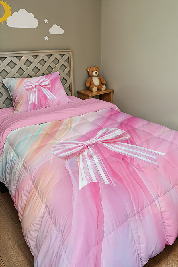 Pink Bow Patterned Single Duvet and Pillowcase
