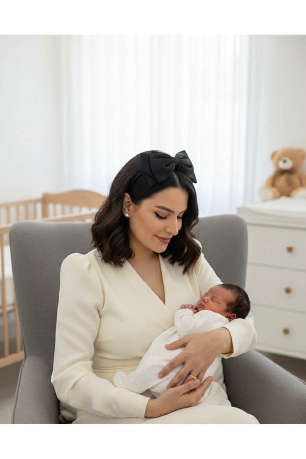 Black Satin Maternity Crown with Large Bow - Hair Accessory for Mother and Woman for Special Occasions - Hospital Discharge Crown