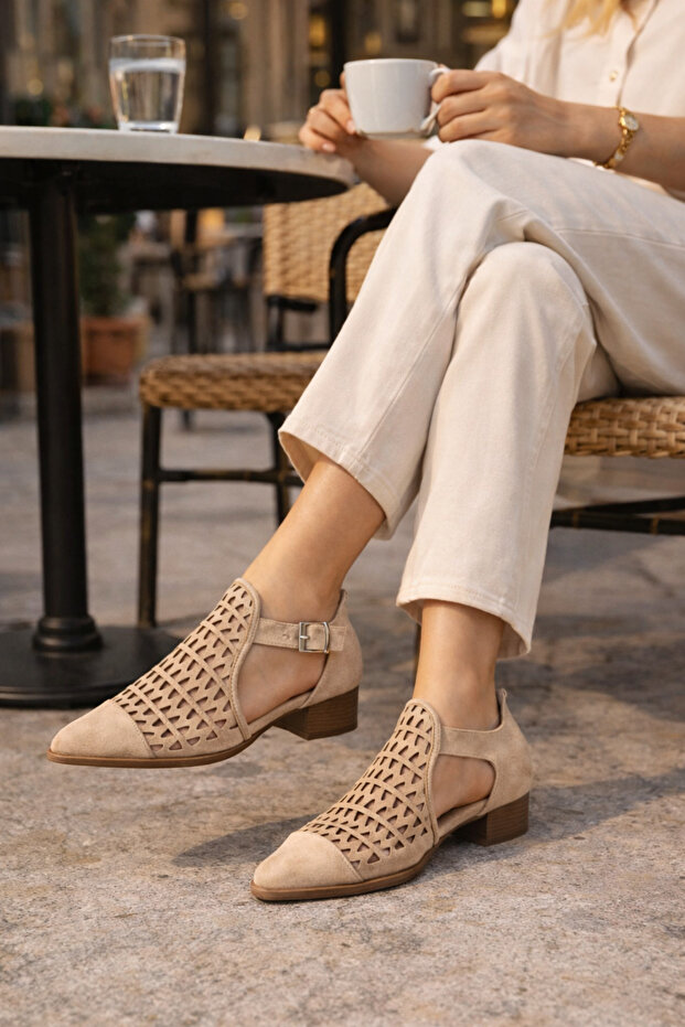 Silva Women's Laser Cut Ankle Boots Buckled Heeled Suede Shoes Daily Stylish Style Perforated