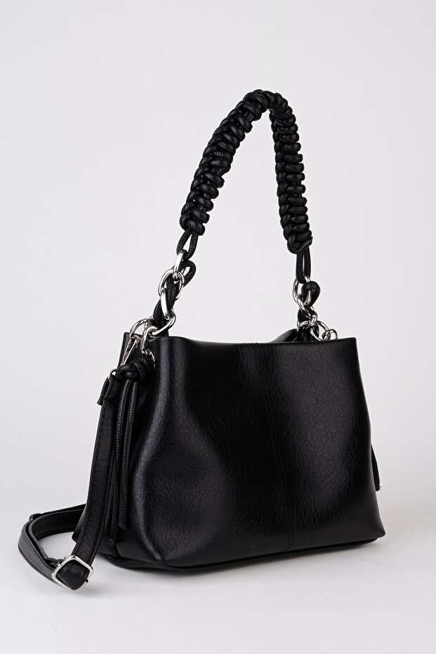 Women's Black Faux Leather Knitted Strap Bag with Lined Zipper Closures and Shoulder Bag Handle